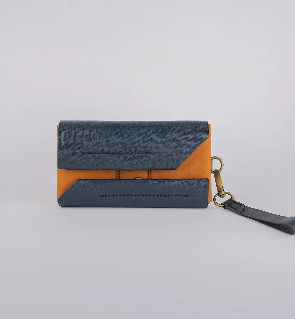Dark Blue x Havane Cowhide Leather Unisex Wallet.