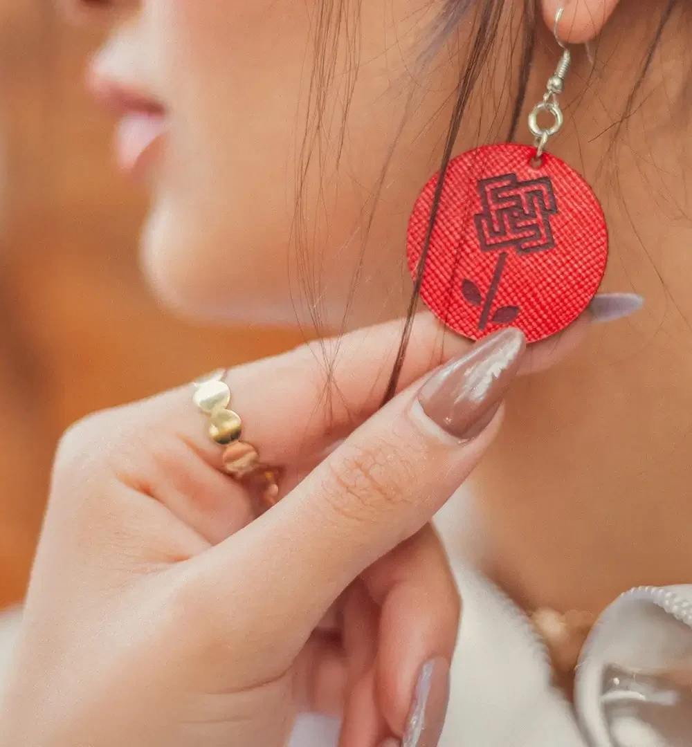 Red Cowhide Leather Women Earrings.