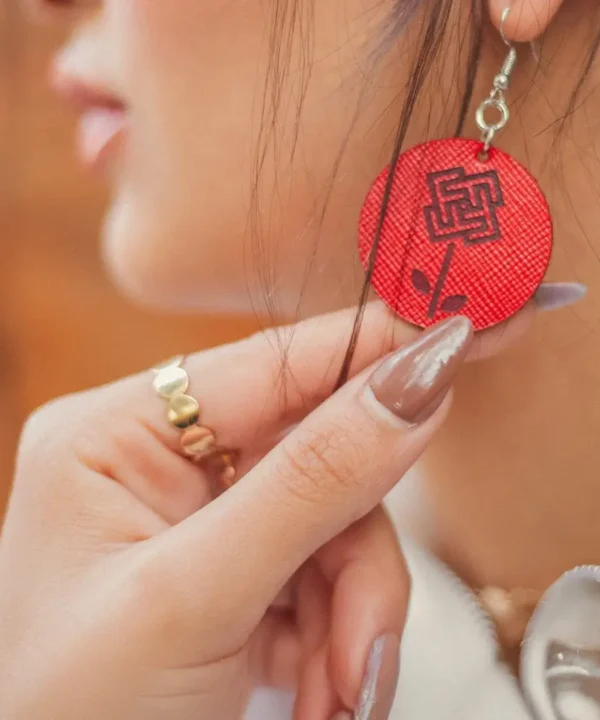 Red Cowhide Leather Women Earrings.