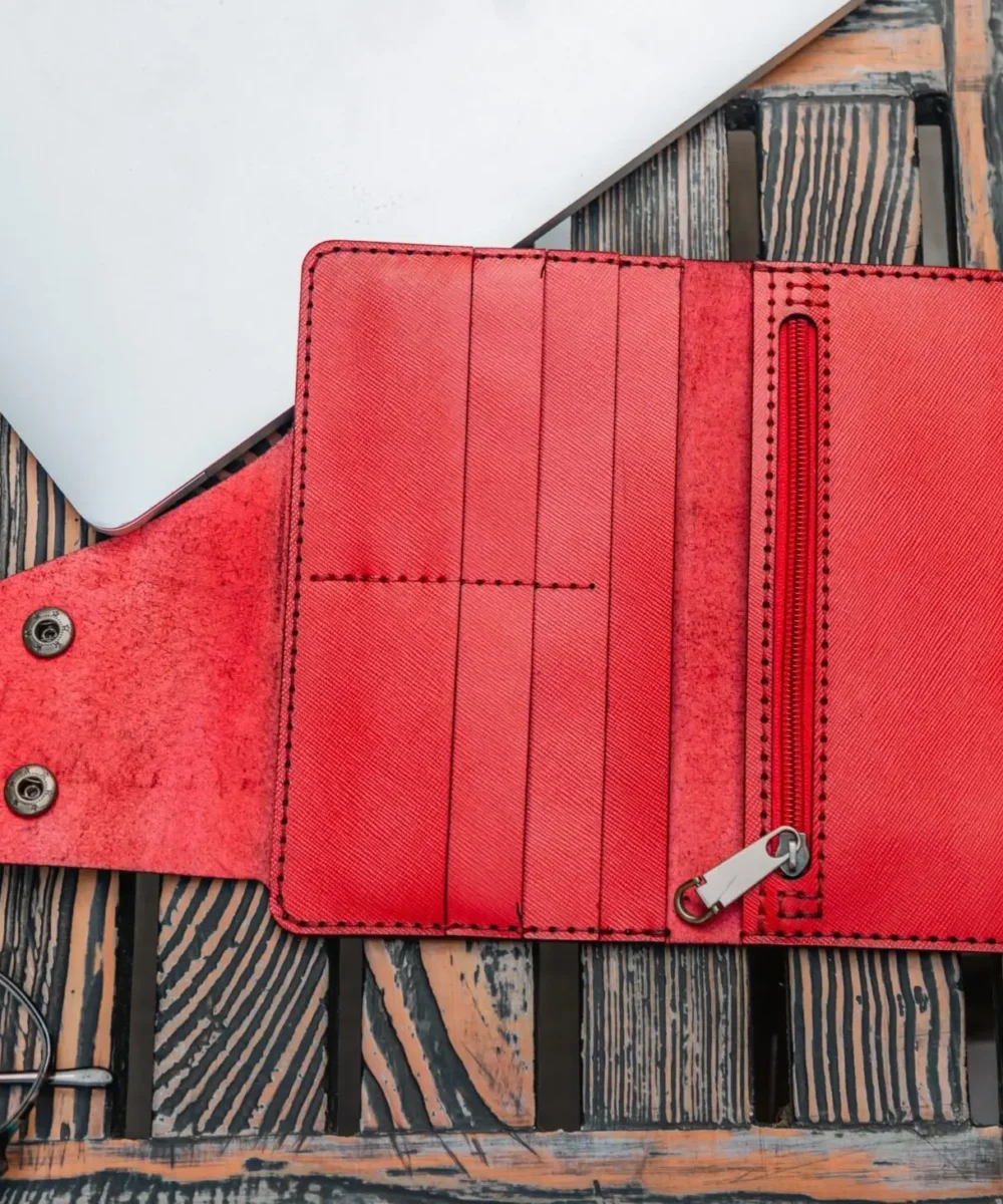 Red Cowhide Leather Women Wallet.