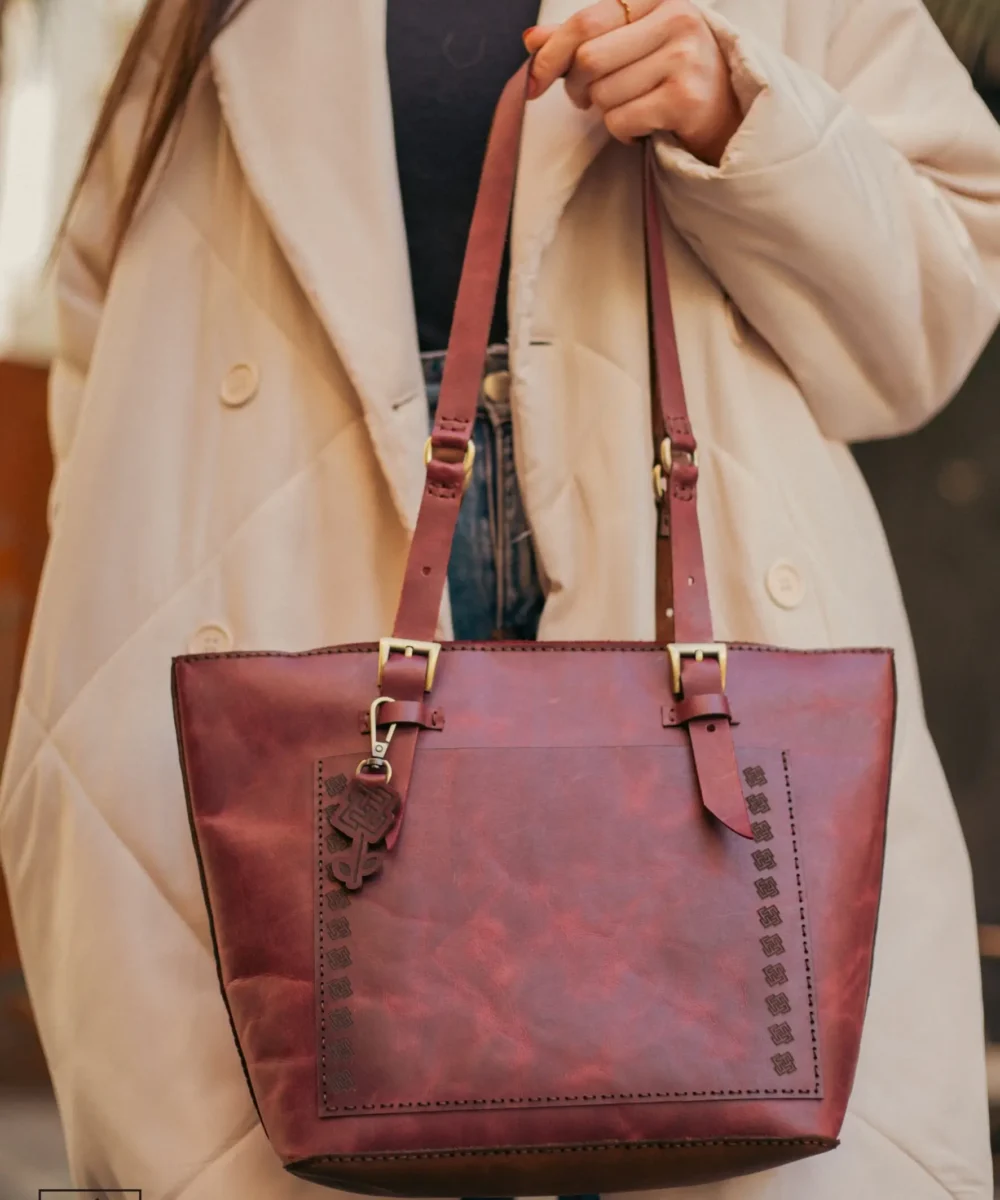 Burgundy Cowhide Leather Tote Bag - Image 2