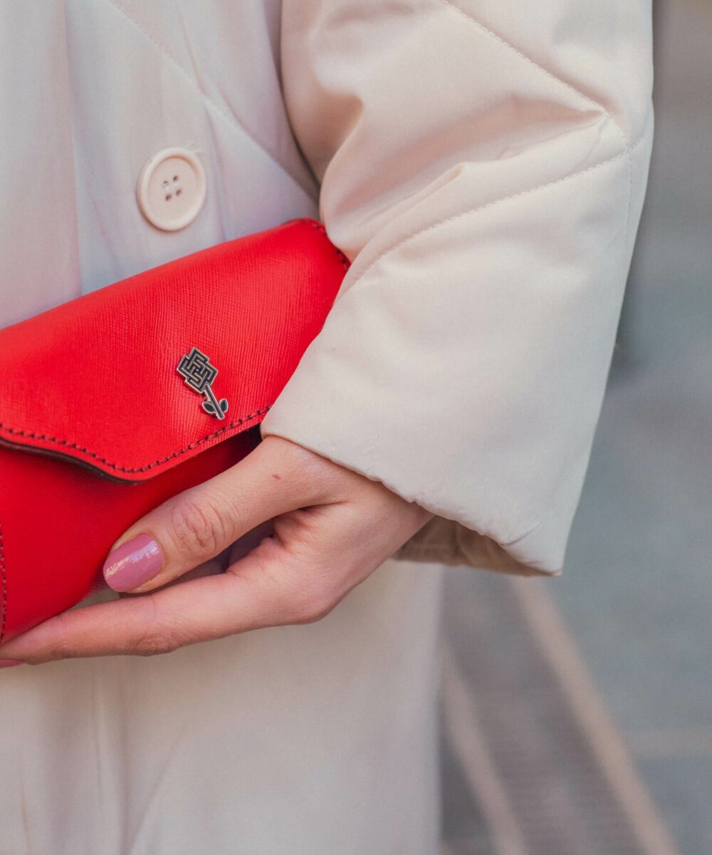 Red Cowhide Leather Women Small Wallet.