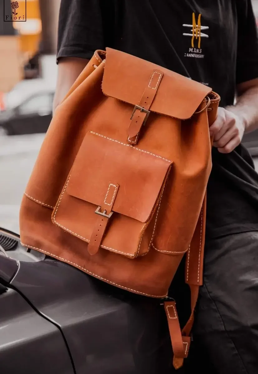 Havane Cowhide Leather Unisex Backpack