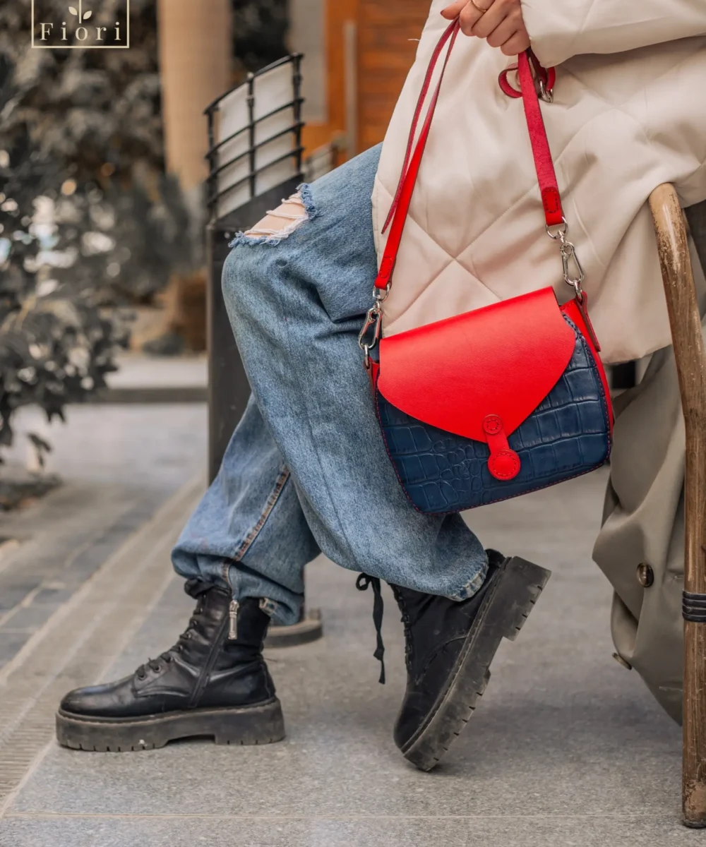 Red X Blue Cowhide Leather Flap Crossbody Bag