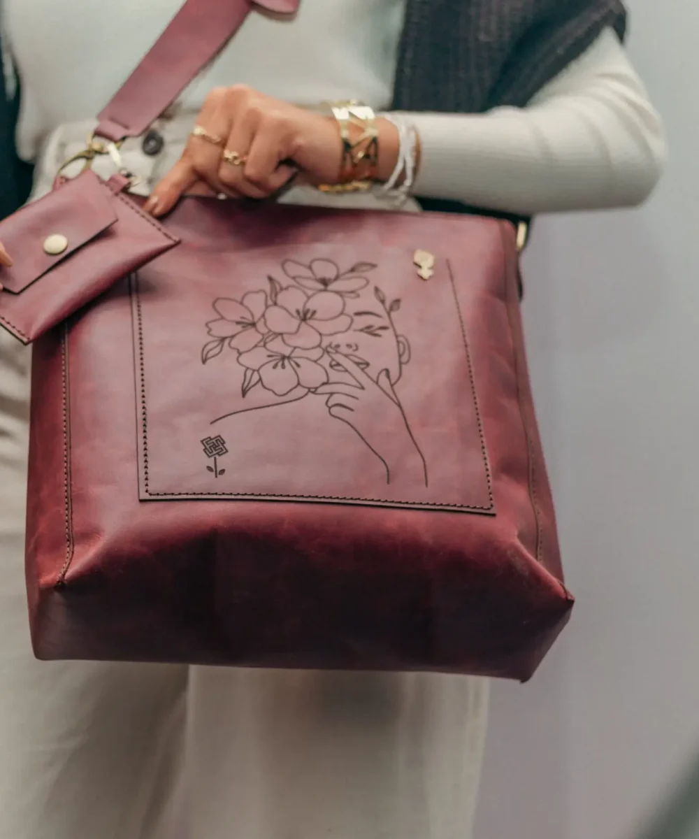 Burgundy Cowhide Leather Crossbody Bag with mini Wallet