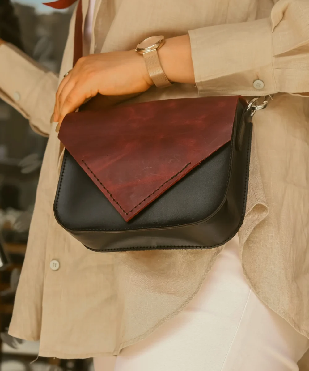 Black x Burgundy Cowhide Leather Crossbody Bag