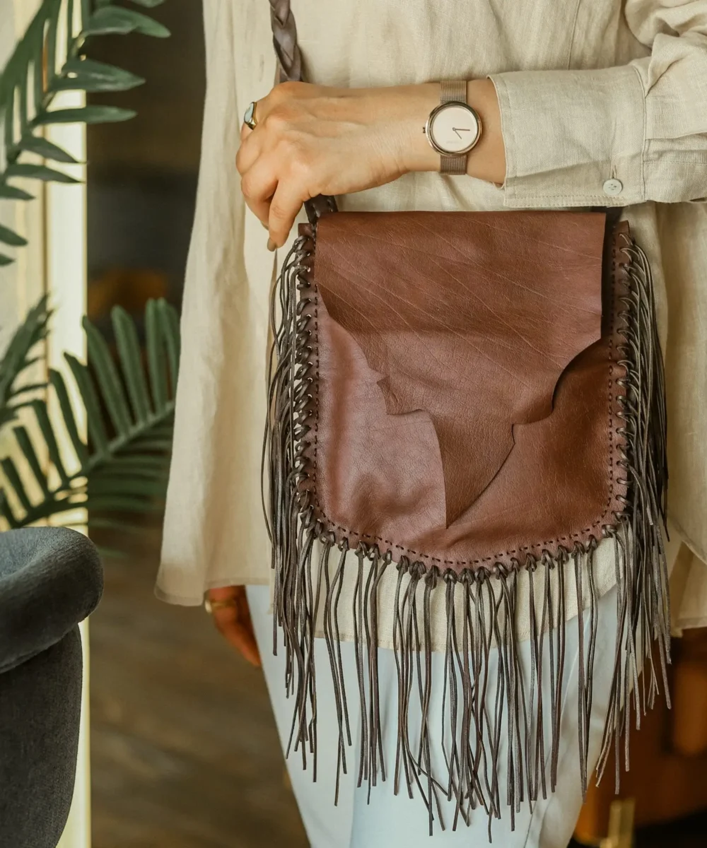 Brown Tassel Leaf-Design Cowhide Leather Shoulder Bag