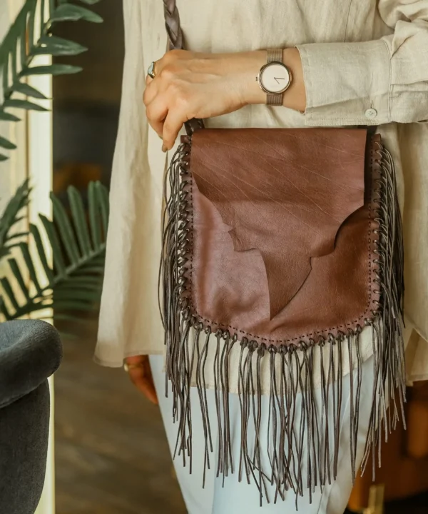 Brown Tassel Leaf-Design Cowhide Leather Shoulder Bag