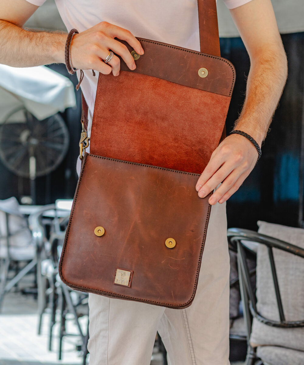 Brown Cowhide Leather Men Crossbody Bag - Image 6