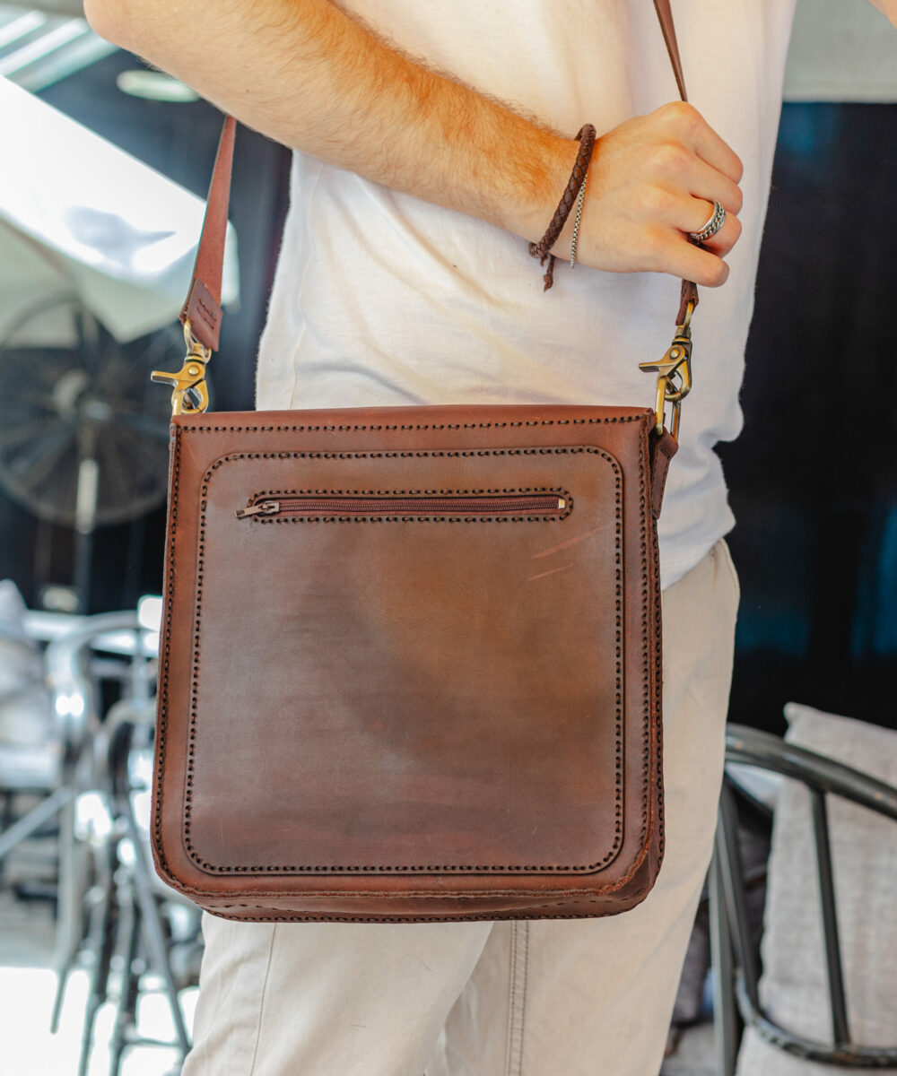 Brown Cowhide Leather Men Crossbody Bag - Image 7