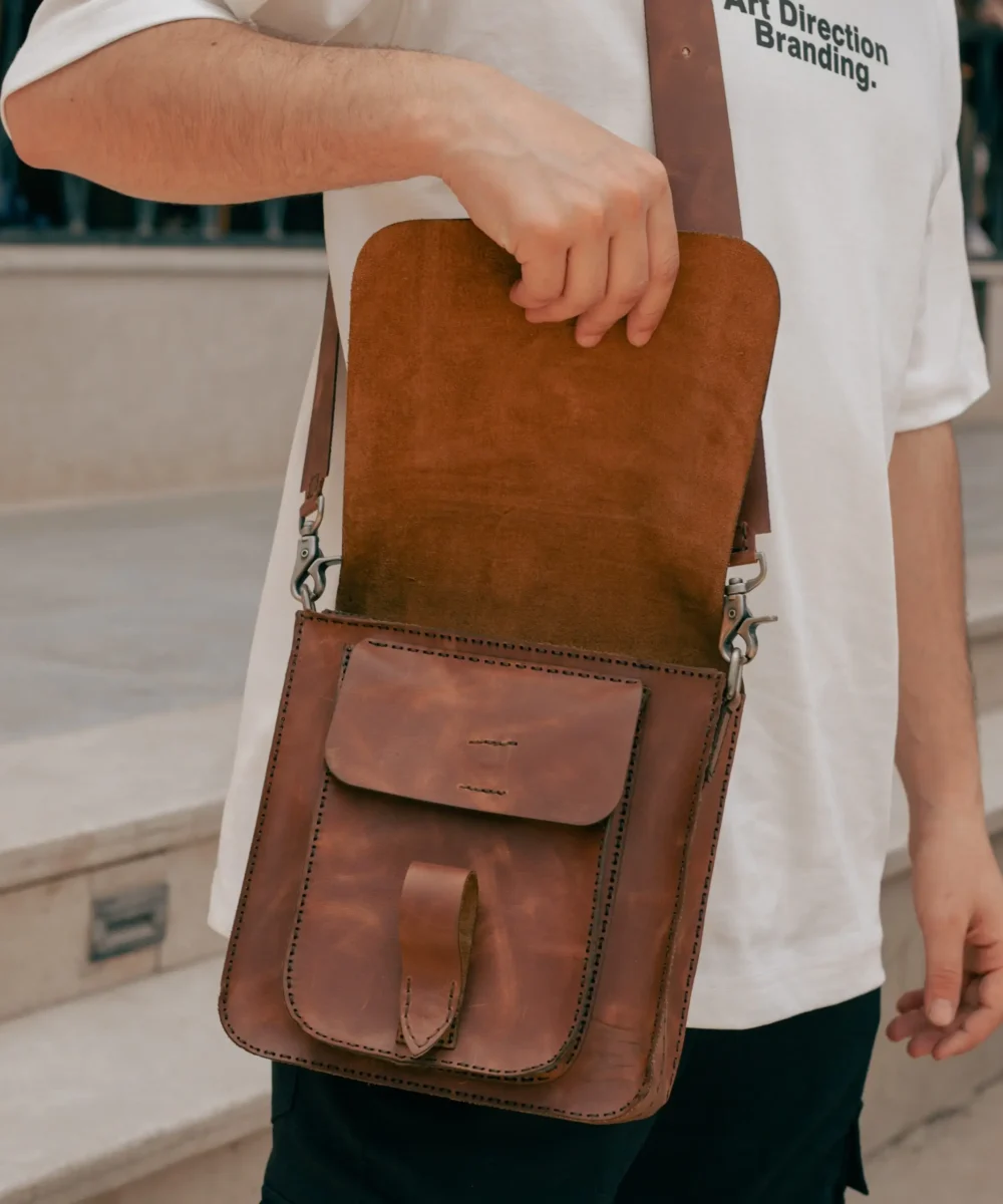 Brown Cowhide Leather Men Crossbody Bag - Image 6