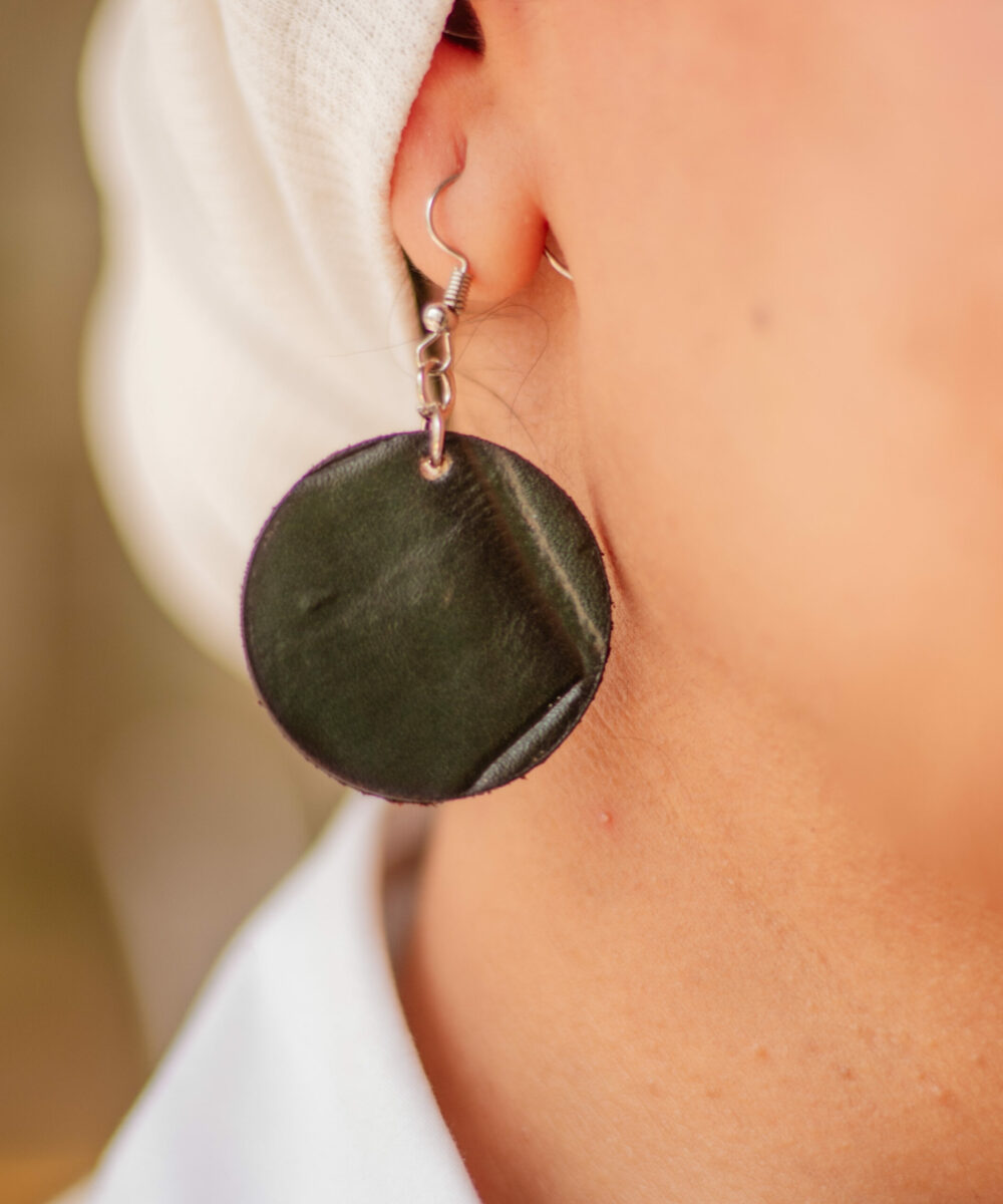 Dark Green Cowhide Leather Women Earrings