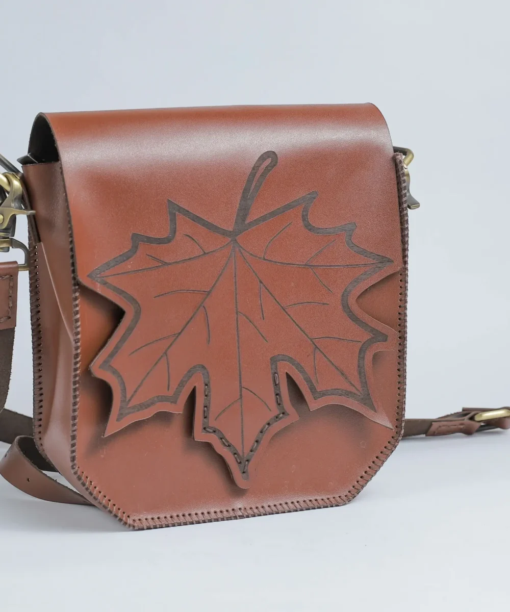 Leaf-Design Flap Crossbody Bag , Havane Cowhide Leather - Image 3