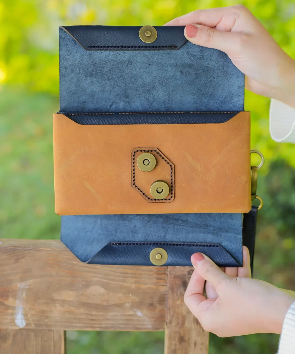 Dark Blue x Havane Cowhide Leather Unisex Wallet. - Image 4