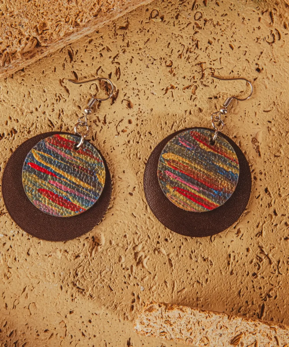 Multicolor Cowhide Leather Women Two Layers Earrings.