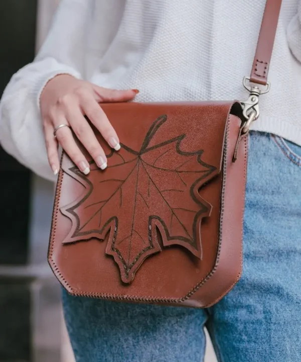 Leaf-Design Flap Crossbody Bag , Havane Cowhide Leather