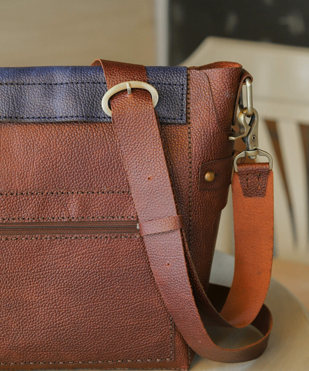 Dark Blue x Brown Cowhide Leather Crossbody Bag - Image 4