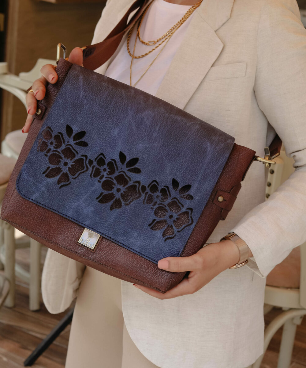 Dark Blue x Brown Cowhide Leather Crossbody Bag