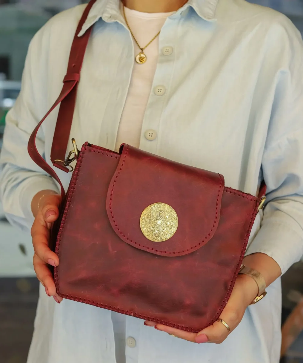 Burgundy Cowhide Leather Crossbody Bag