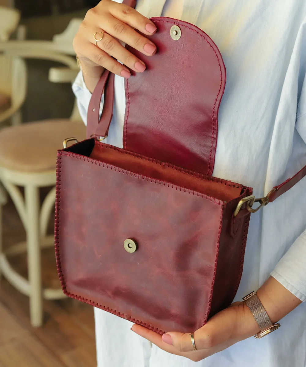 Burgundy Cowhide Leather Crossbody Bag - Image 3
