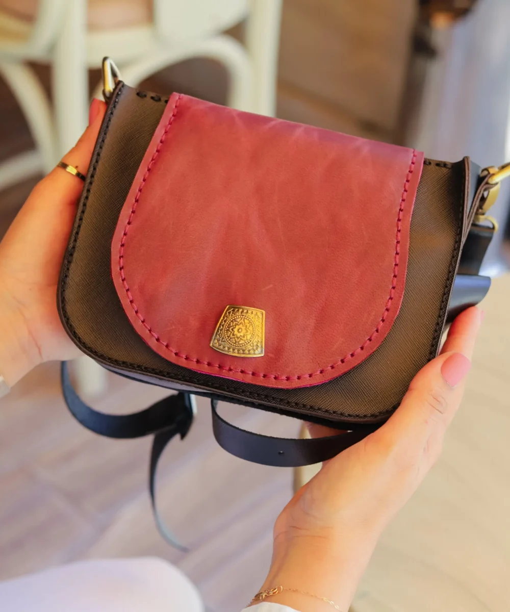 Black x Burgundy Cowhide Leather Crossbody Bag - Image 2