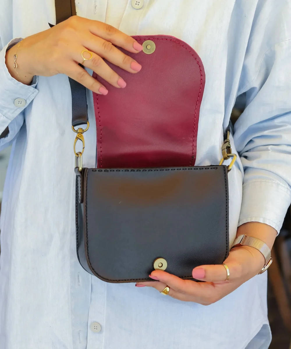 Black x Burgundy Cowhide Leather Crossbody Bag - Image 4