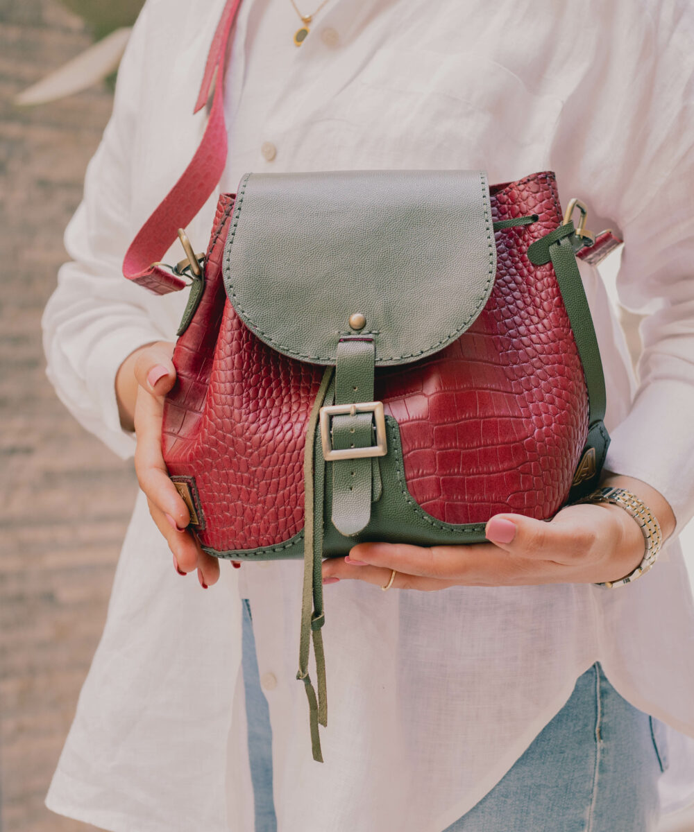 Burgundy x Olive Cowhide Leather Packback & Crossbody Bag (With Copper Letter)