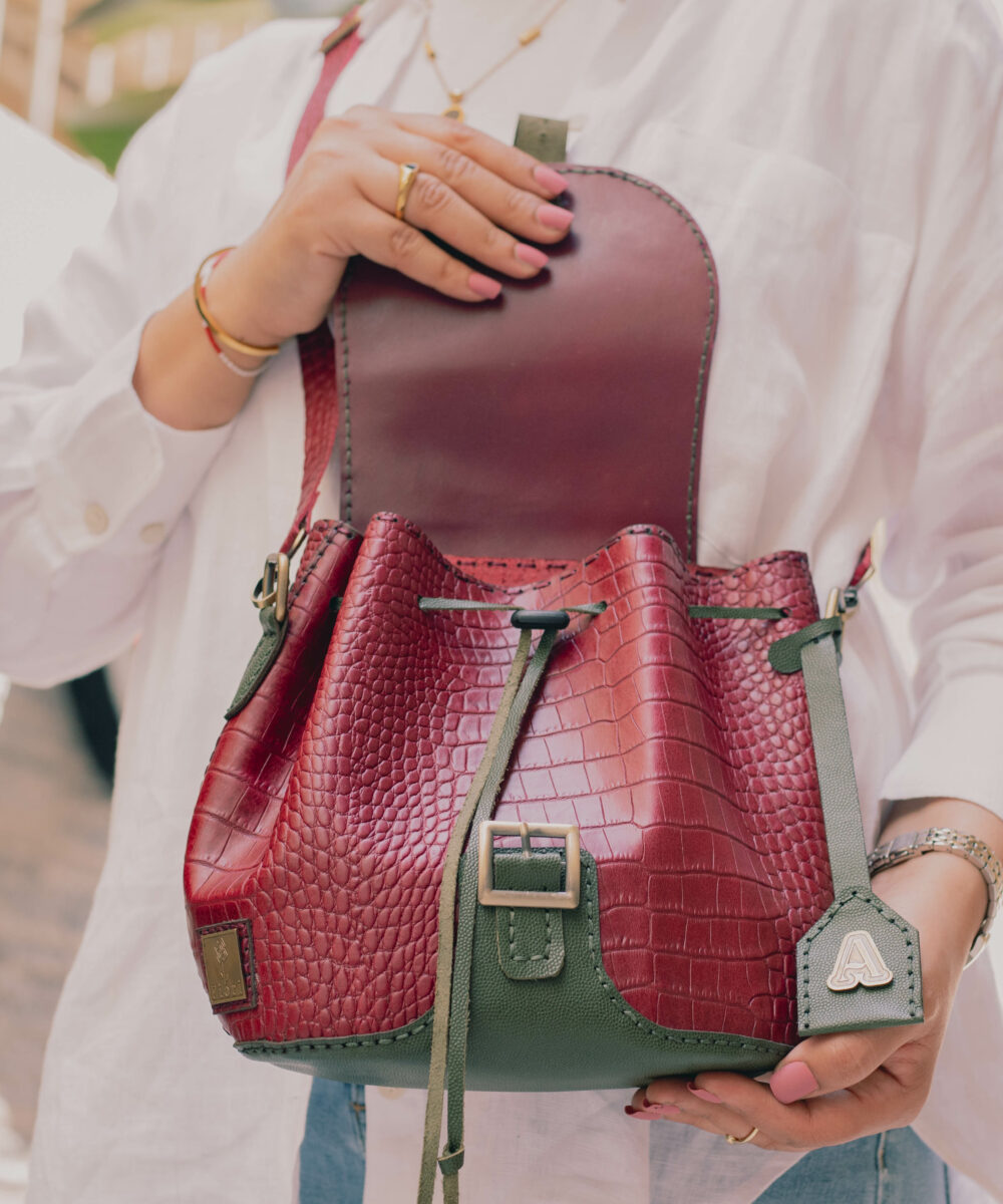 Burgundy x Olive Cowhide Leather Packback & Crossbody Bag (With Copper Letter) - Image 3