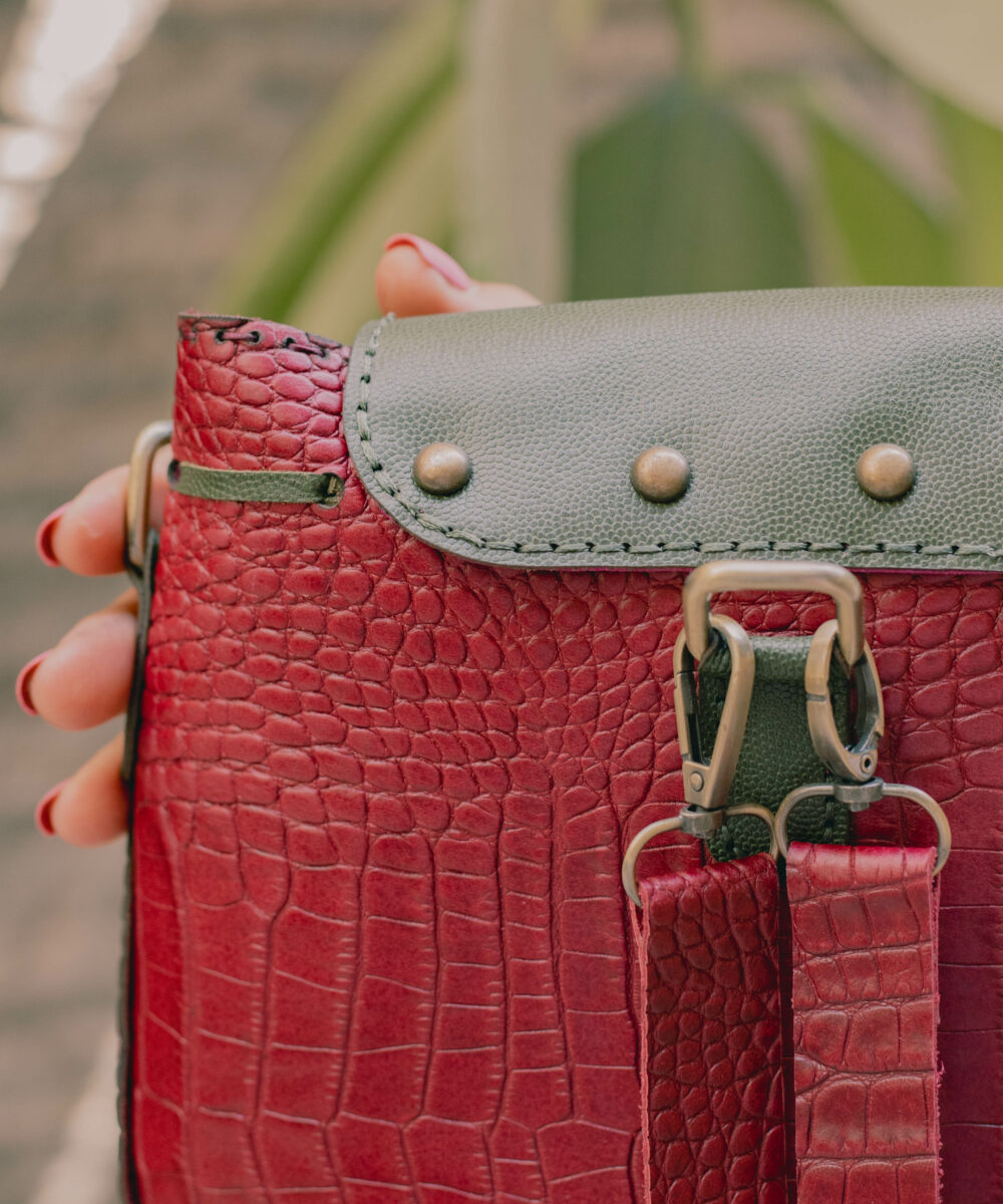 Burgundy x Olive Cowhide Leather Packback & Crossbody Bag (With Copper Letter) - Image 4