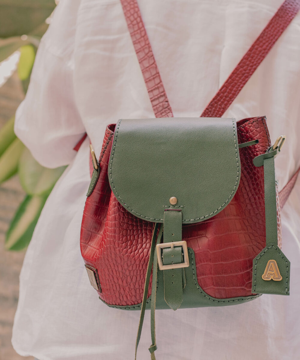 Burgundy x Olive Cowhide Leather Packback & Crossbody Bag (With Copper Letter) - Image 5