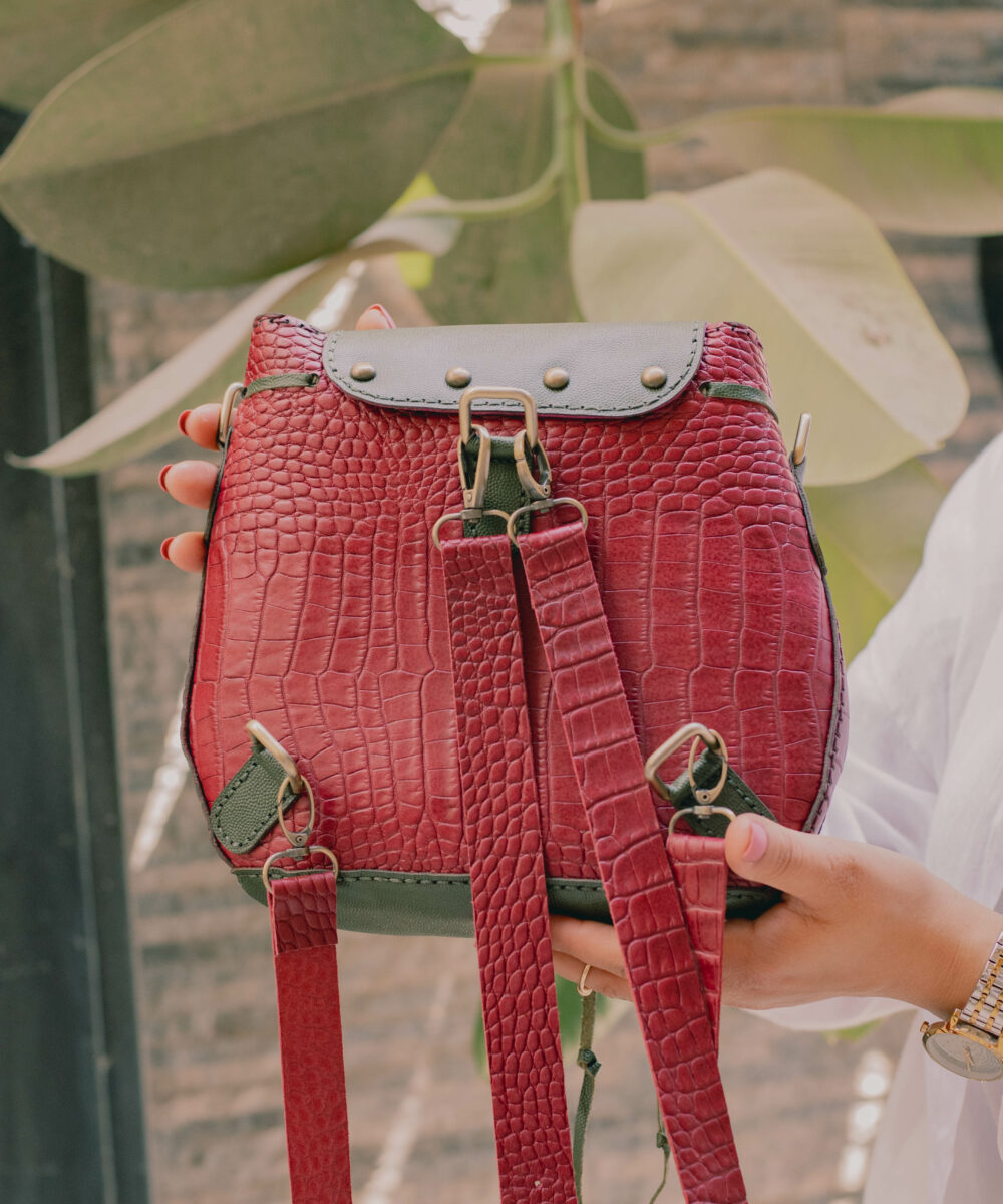 Burgundy x Olive Cowhide Leather Packback & Crossbody Bag (With Copper Letter) - Image 6